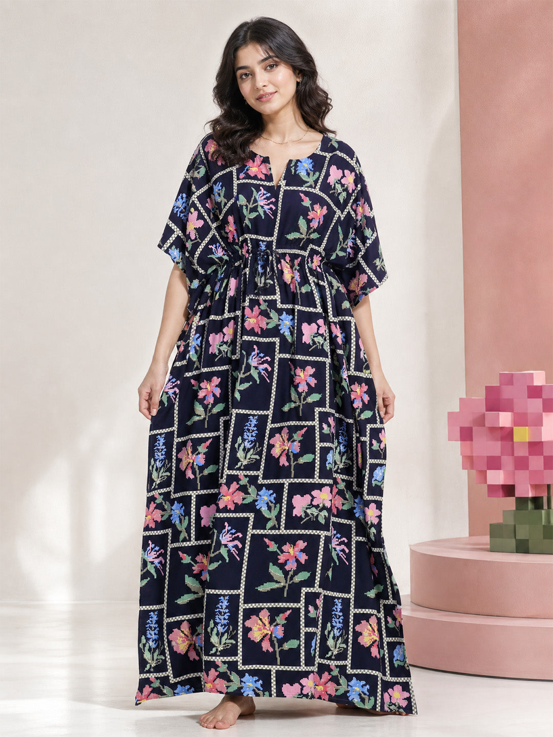 Navy Blue Pixelated Floral Rayon Kaftan