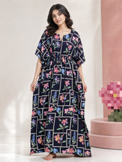 Navy Blue Pixelated Floral Rayon Kaftan