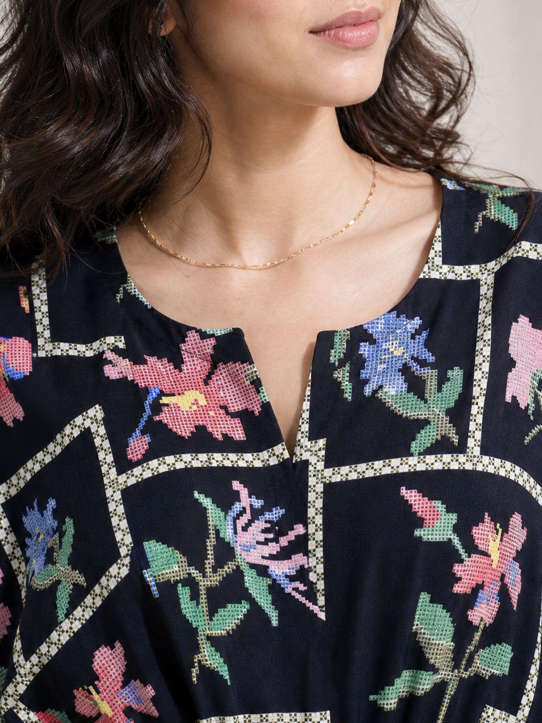 Navy Blue Pixelated Floral Rayon Kaftan