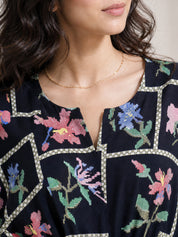 Navy Blue Pixelated Floral Rayon Kaftan