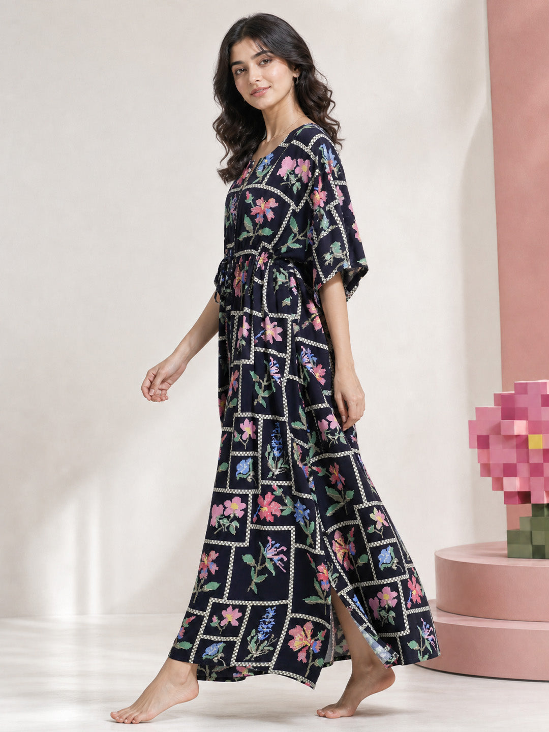 Navy Blue Pixelated Floral Rayon Kaftan