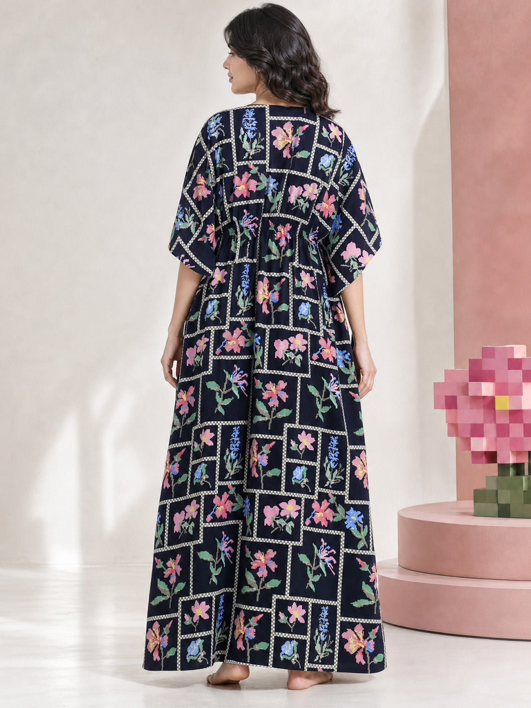 Navy Blue Pixelated Floral Rayon Kaftan