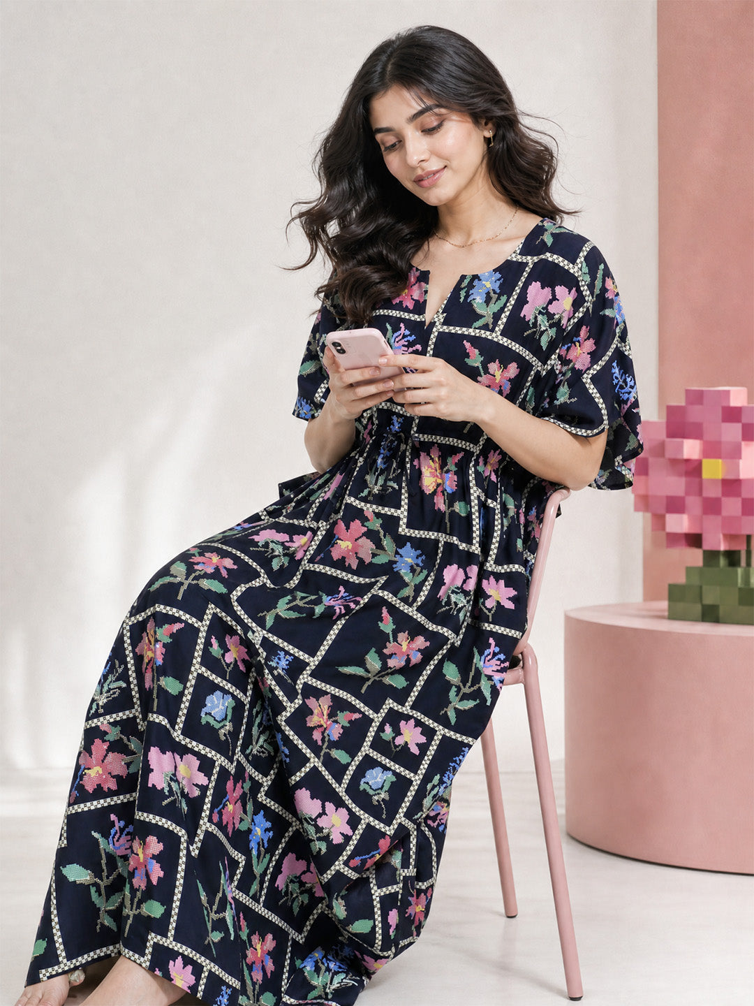 Navy Blue Pixelated Floral Rayon Kaftan