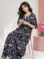 Navy Blue Pixelated Floral Rayon Kaftan