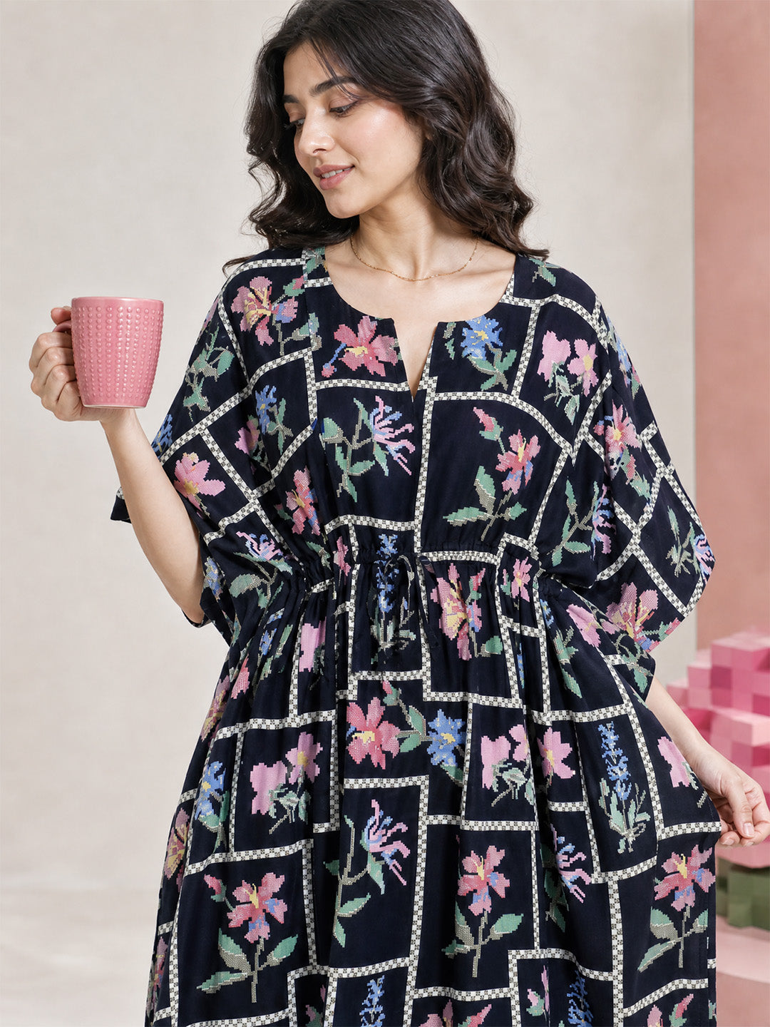 Navy Blue Pixelated Floral Rayon Kaftan