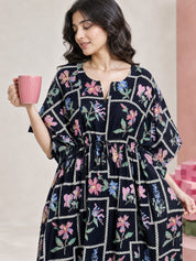 Navy Blue Pixelated Floral Rayon Kaftan