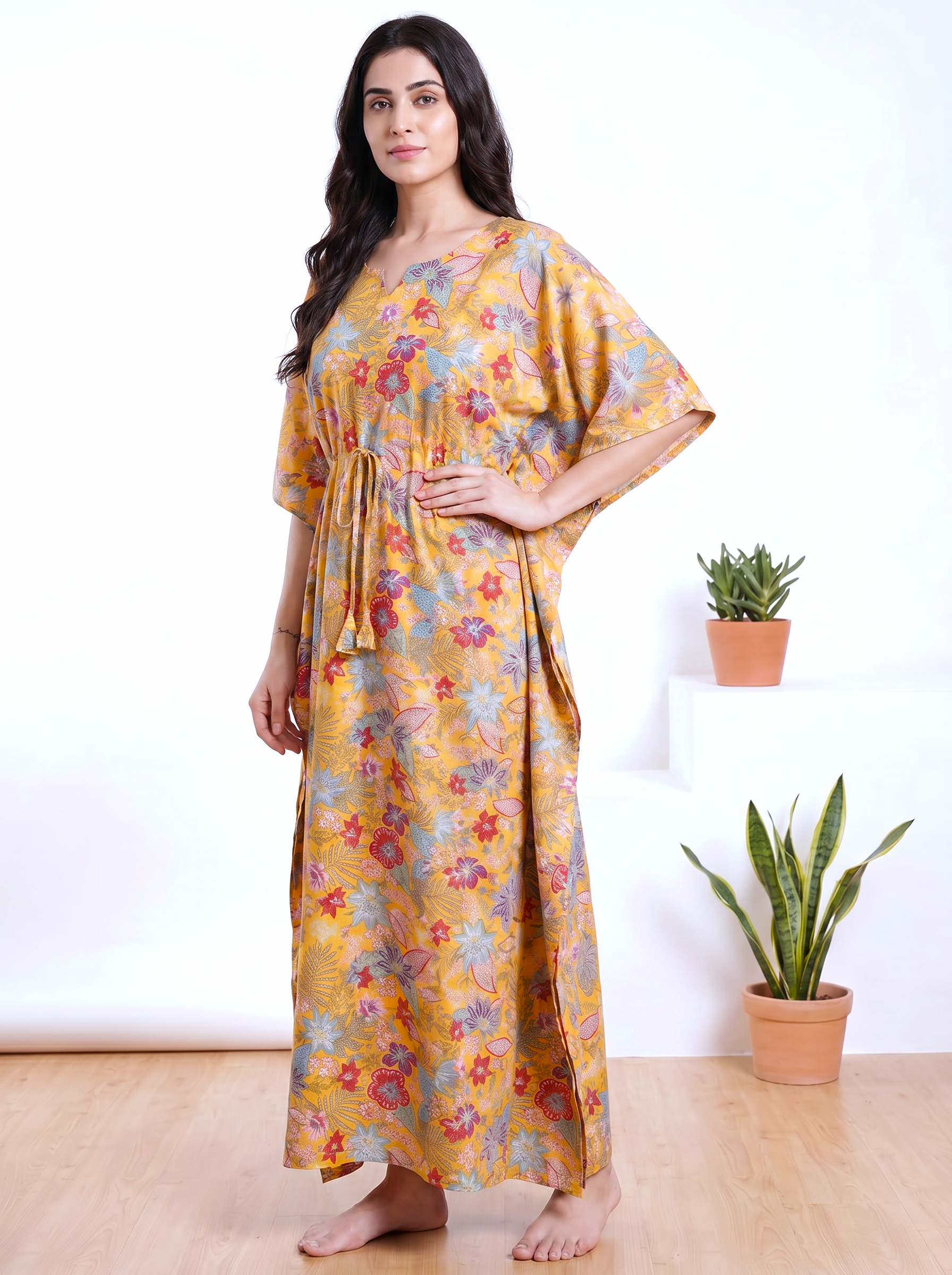 Yellow Floral Rayon Kaftan