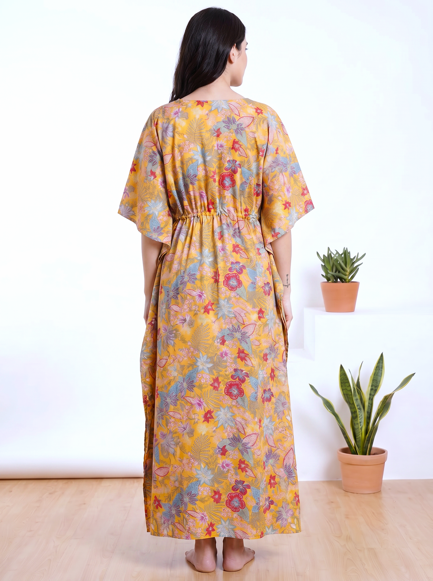 Yellow Floral Rayon Kaftan