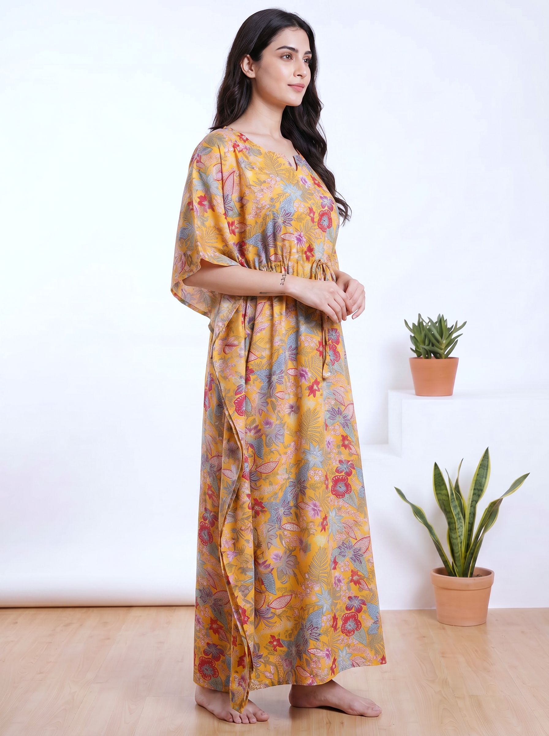 Yellow Floral Rayon Kaftan
