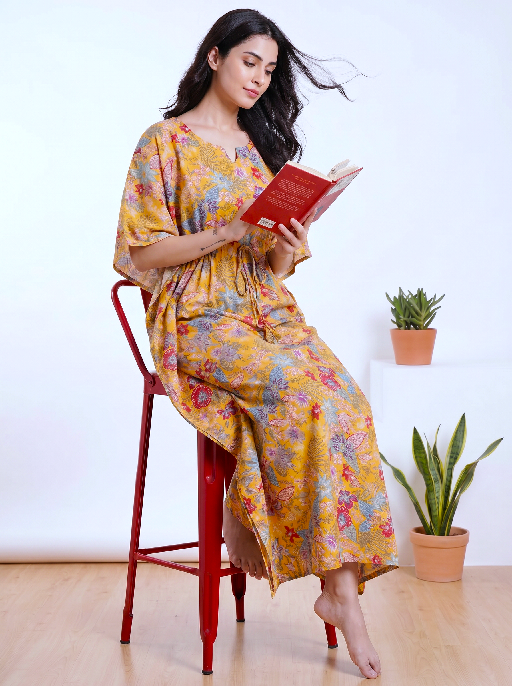 Yellow Floral Rayon Kaftan