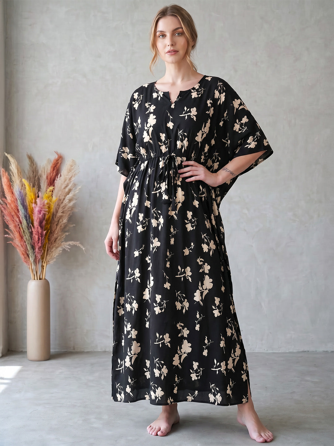 Black Floral Rayon Kaftan