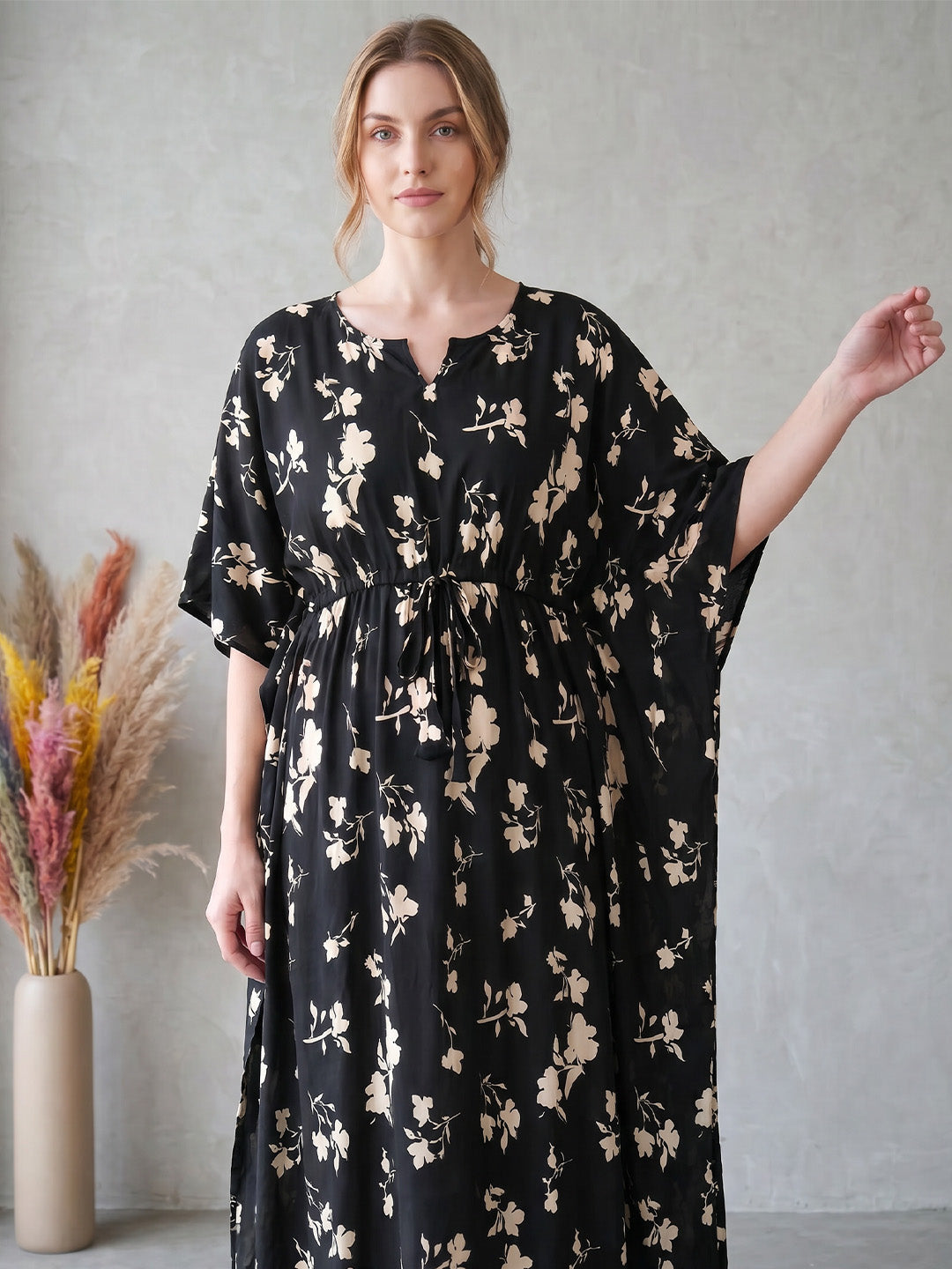 Black Floral Rayon Kaftan