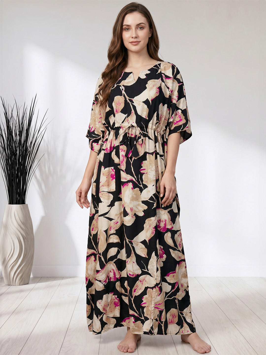 Black Floral Rayon Kaftan