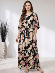 Black Floral Rayon Kaftan