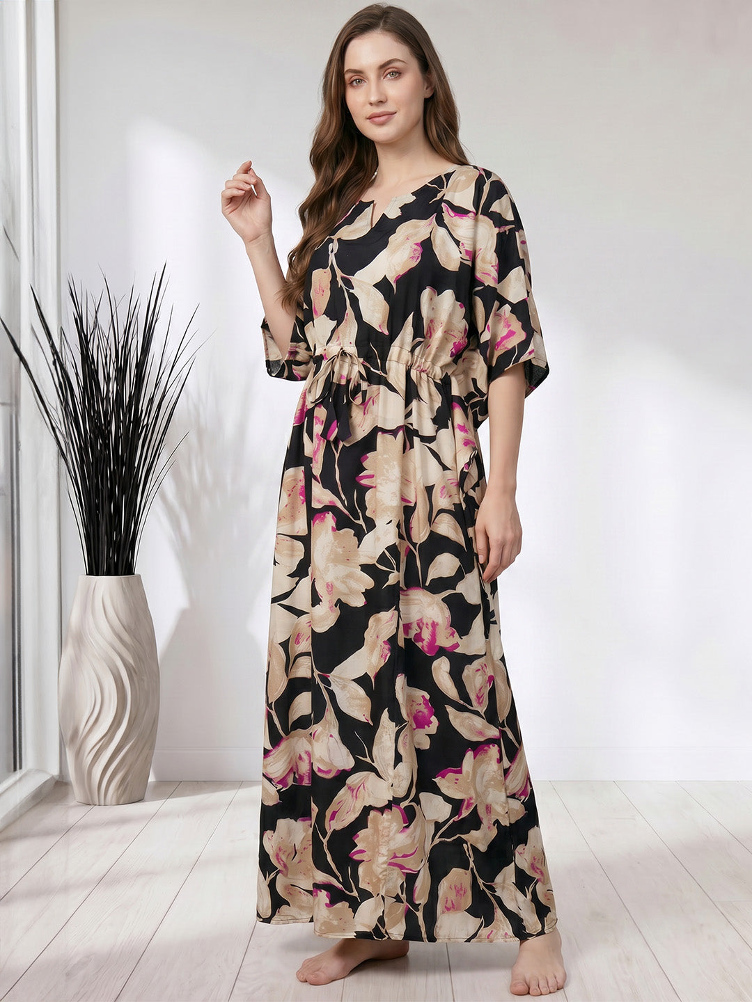 Black Floral Rayon Kaftan