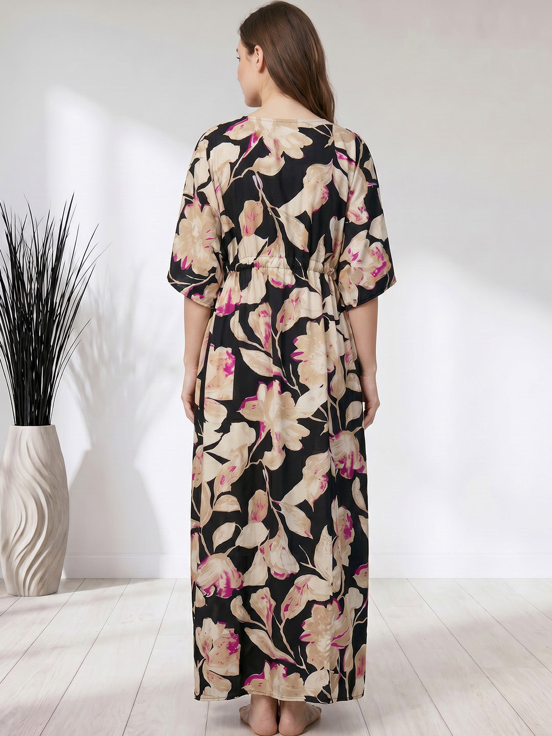 Black Floral Rayon Kaftan