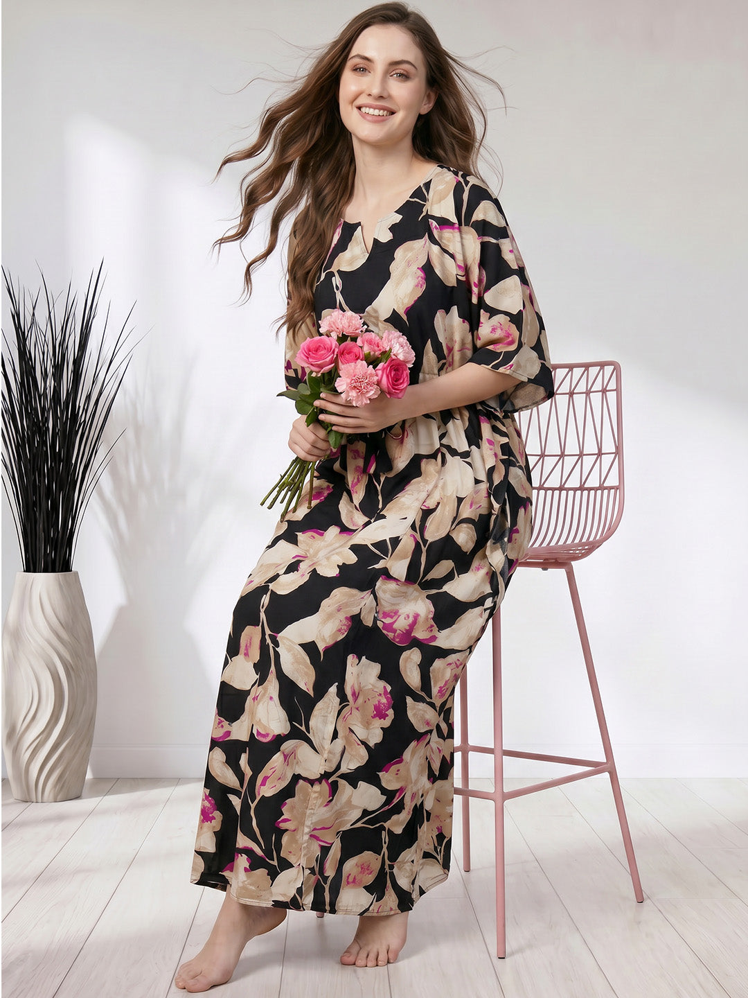 Black Floral Rayon Kaftan