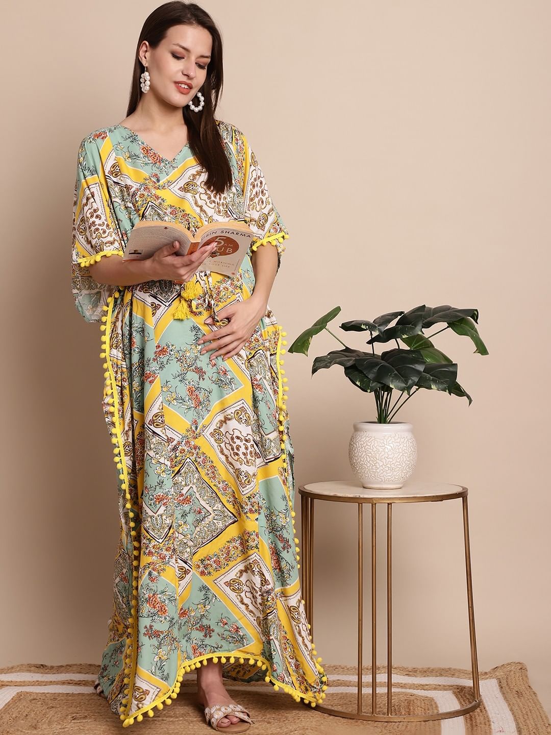 Yellow Printed Maternity Kaftan