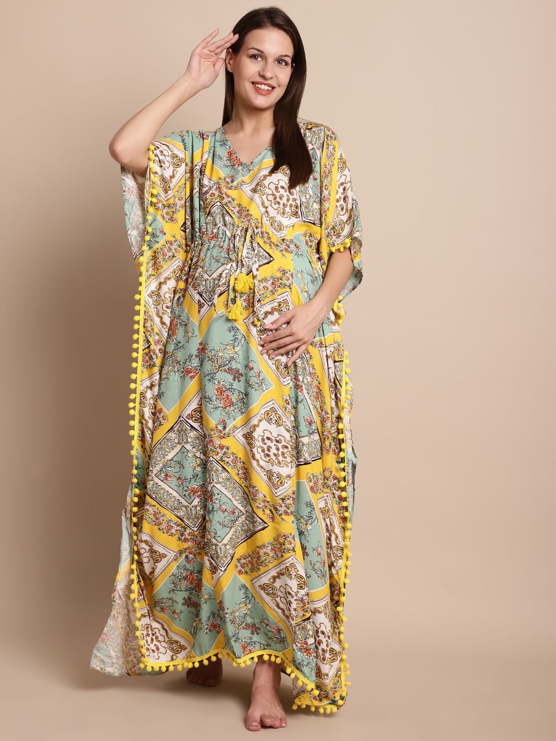Yellow Printed Maternity Kaftan