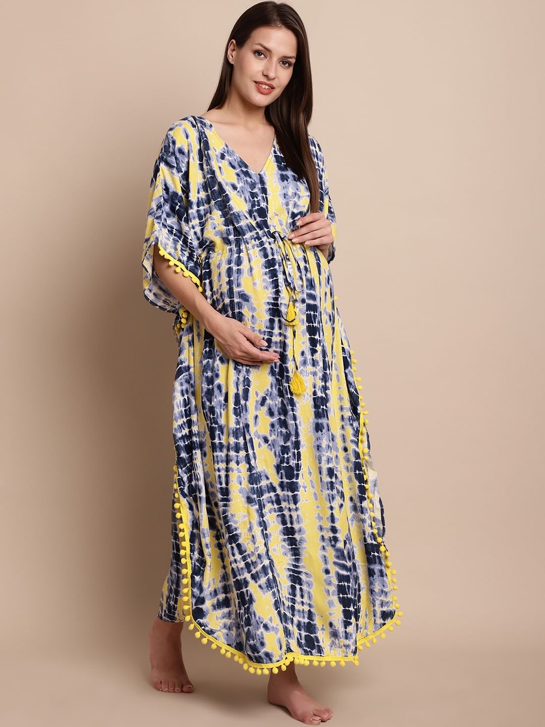 Yellow & Blue Tie & Dye Maternity Kaftan