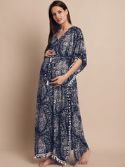 Navy Blue Paisely Print Maternity Kaftan