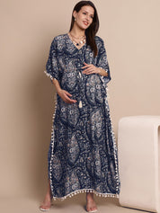 Navy Blue Paisely Print Maternity Kaftan