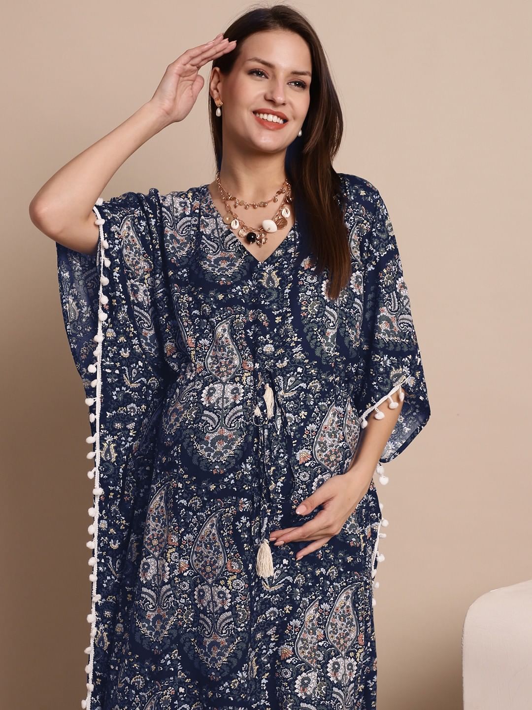 Navy Blue Paisely Print Maternity Kaftan