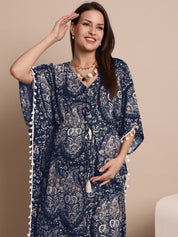 Navy Blue Paisely Print Maternity Kaftan