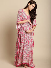 Pink Printed Rayon Maternity Kaftan