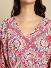 Pink Printed Rayon Maternity Kaftan