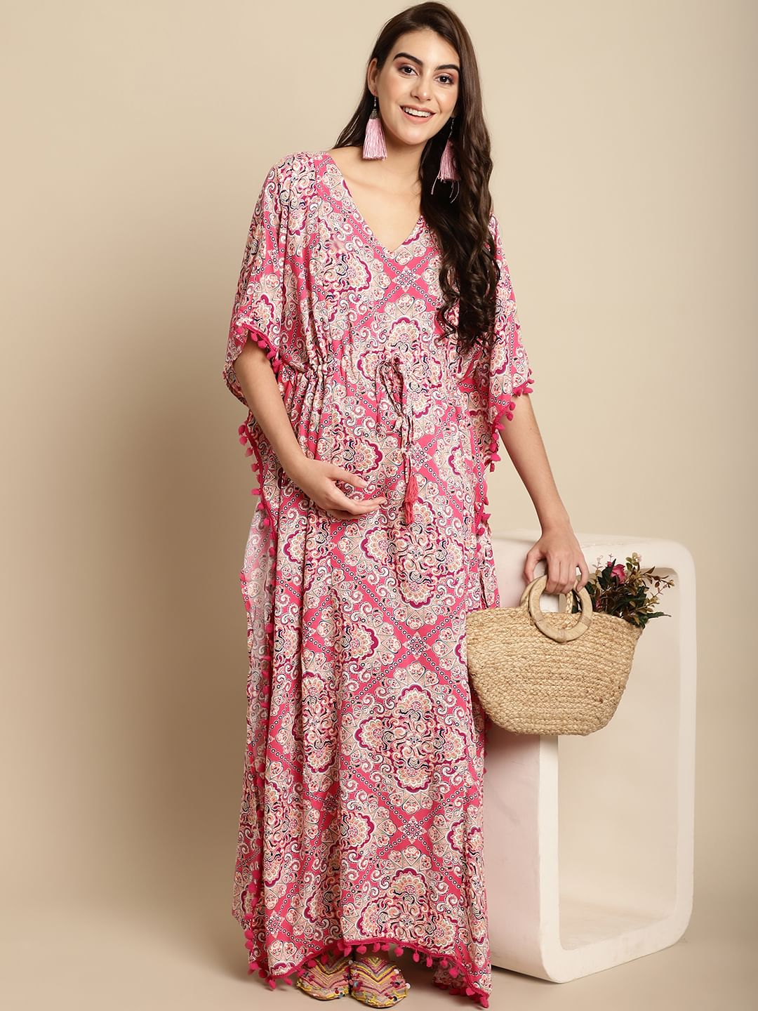 Pink Printed Rayon Maternity Kaftan