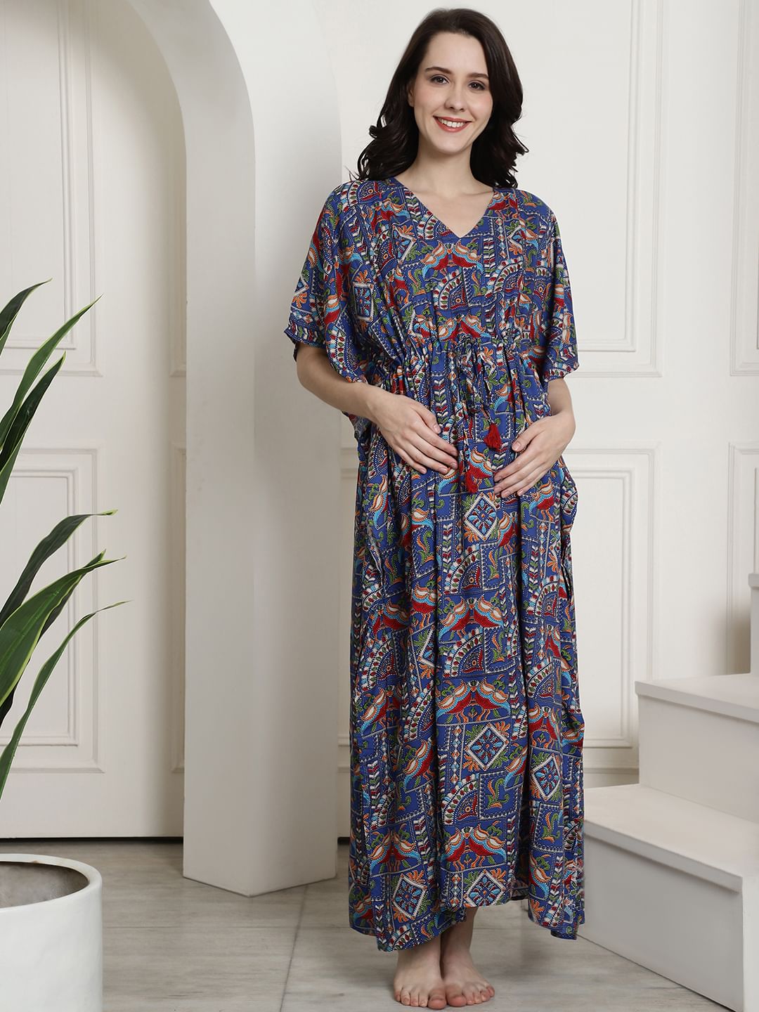 Navy Blue Rayon Maternity Kaftan Nighty