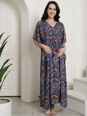 Navy Blue Rayon Maternity Kaftan Nighty