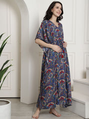 Navy Blue Rayon Maternity Kaftan Nighty