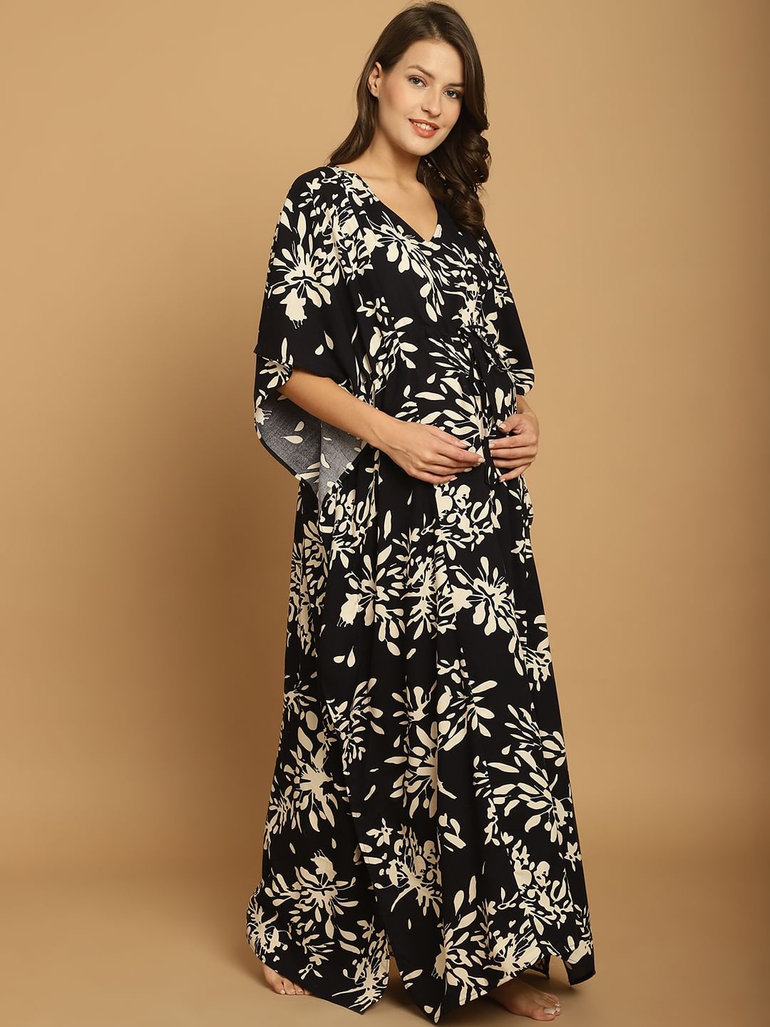 Black Floral Rayon Maternity Kaftan