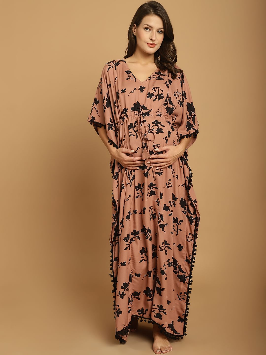 Brown Floral Rayon Maternity Kaftan