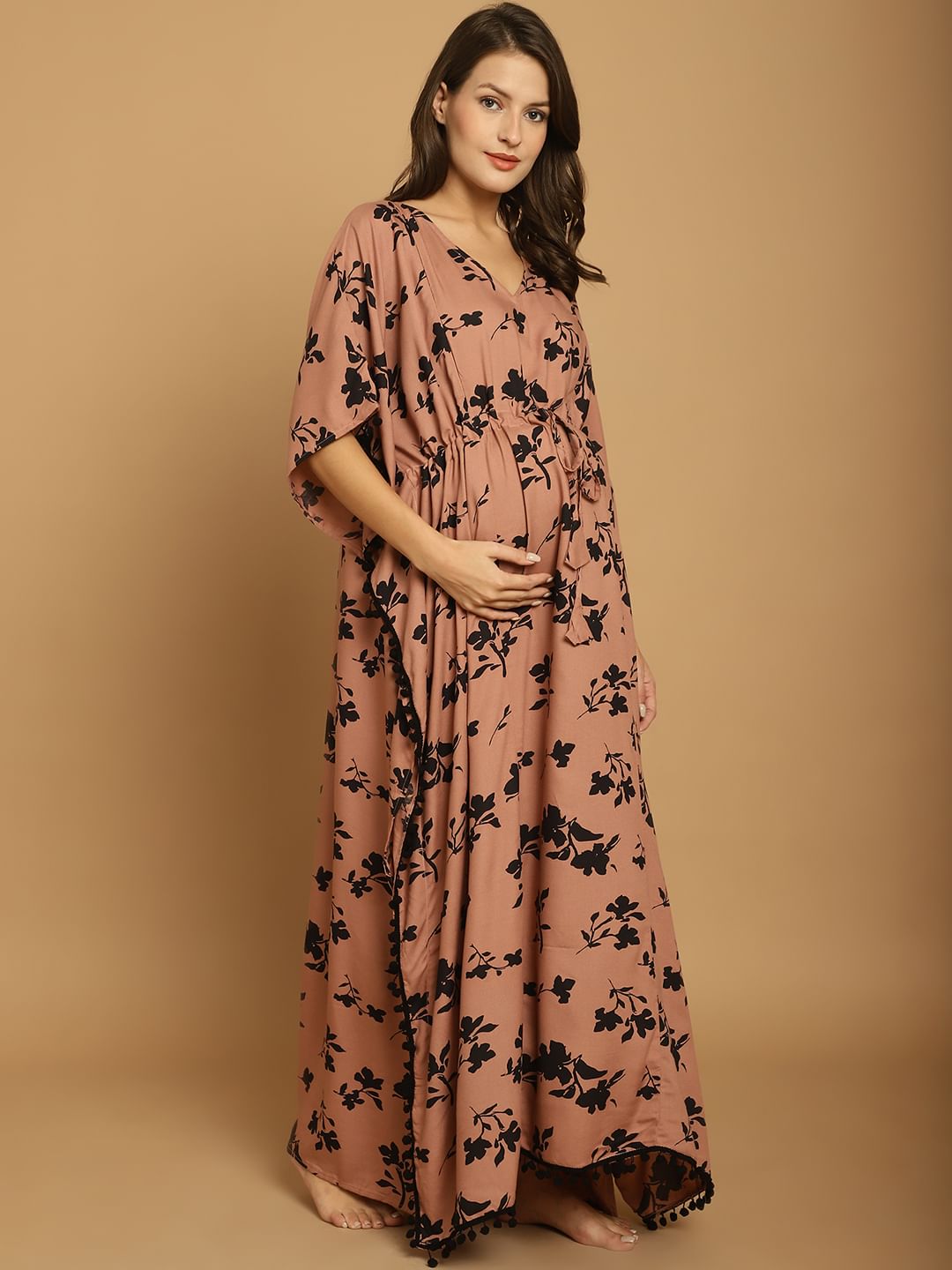 Brown Floral Rayon Maternity Kaftan