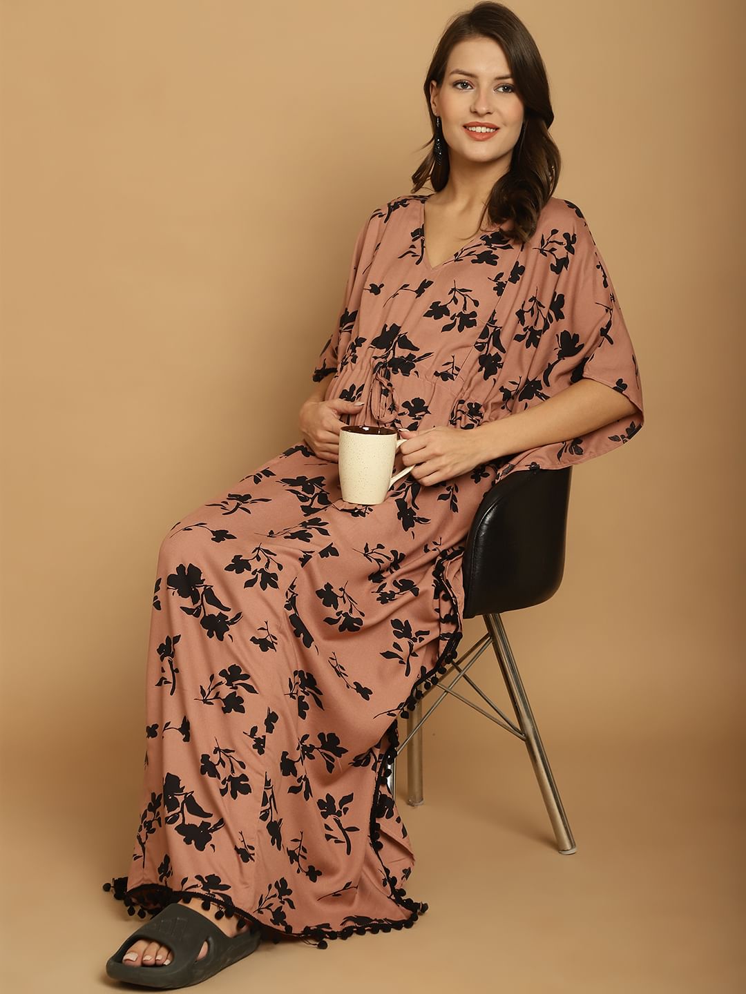 Brown Floral Rayon Maternity Kaftan
