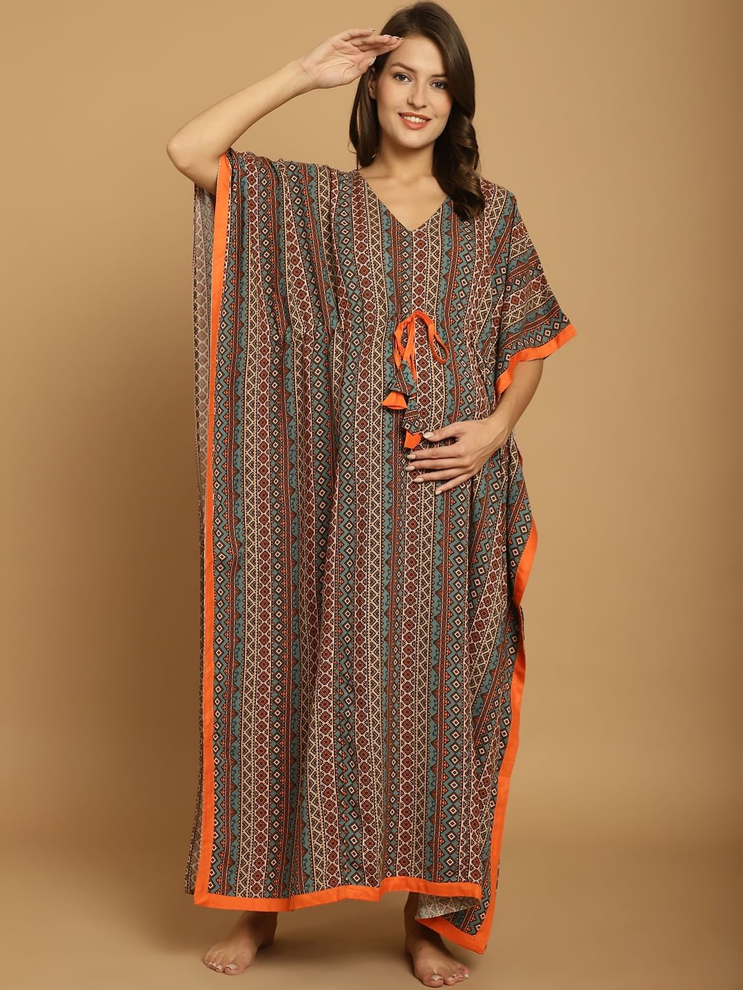 Green Printed Rayon Maternity Kaftan