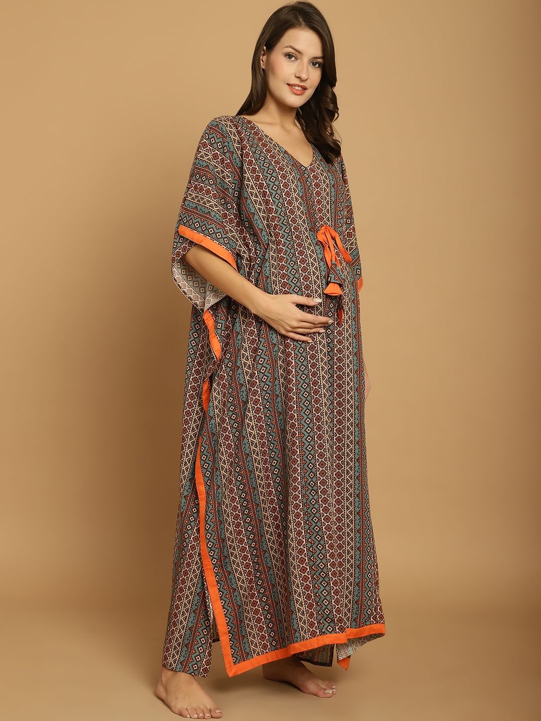 Green Printed Rayon Maternity Kaftan