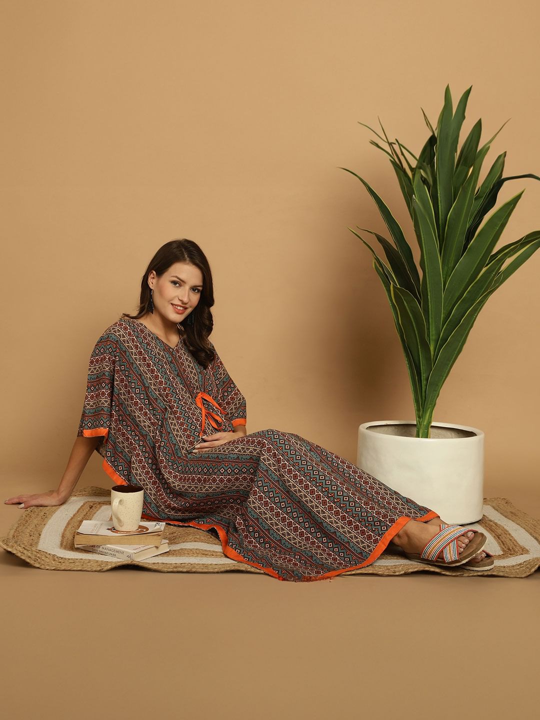 Green Printed Rayon Maternity Kaftan