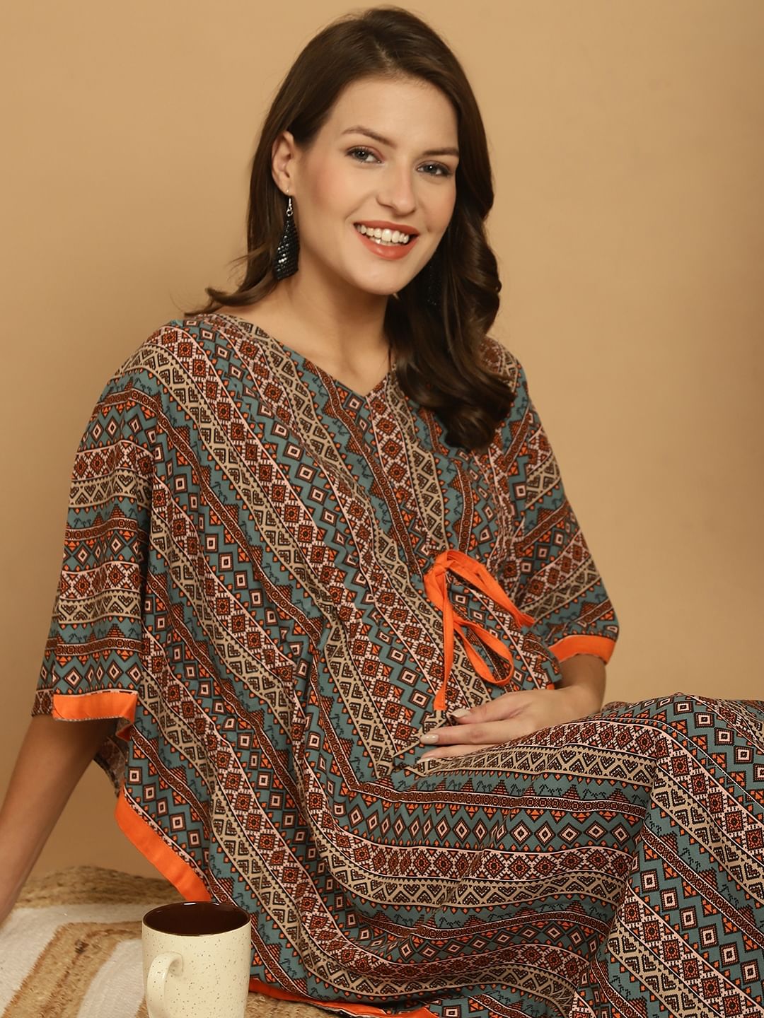 Green Printed Rayon Maternity Kaftan