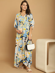 Sky Blue Floral Rayon Maternity Kaftan