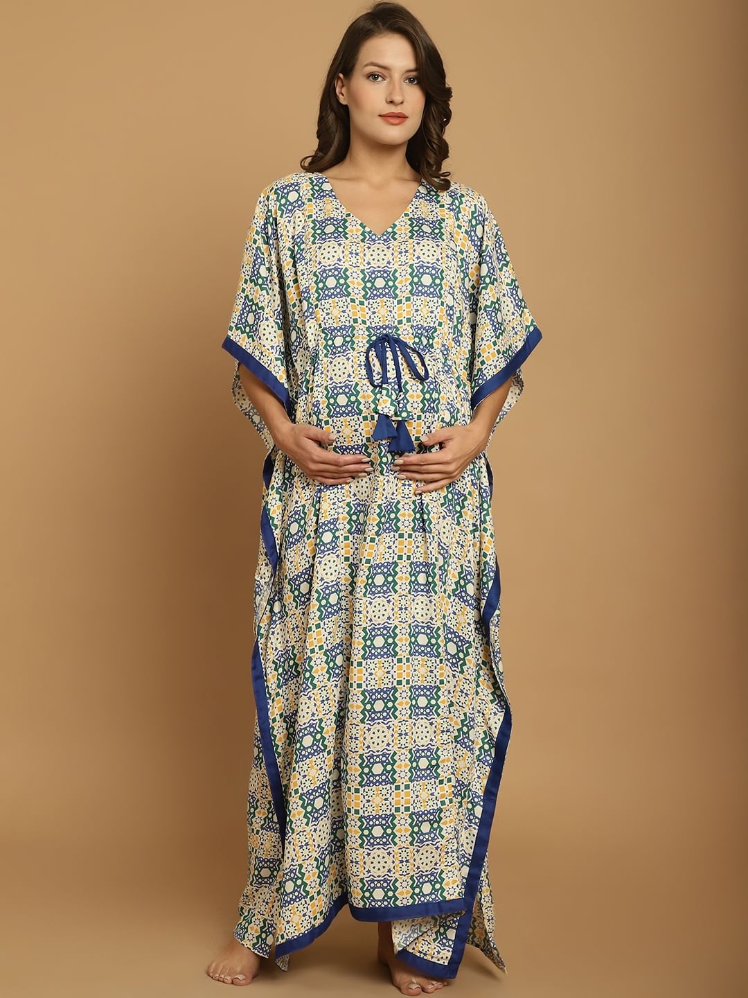 Blue Geometric Print Rayon Maternity Kaftan