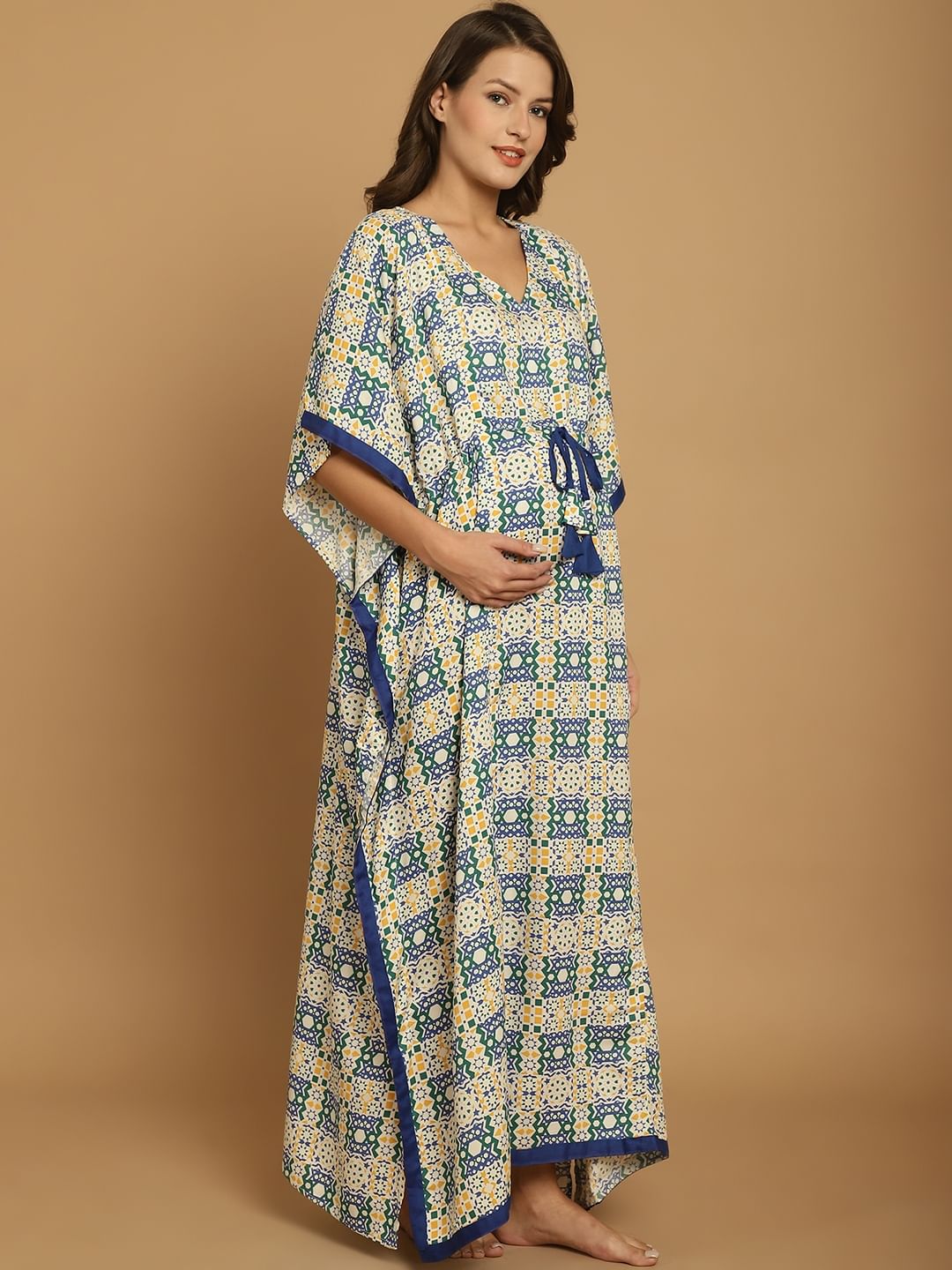 Blue Geometric Print Rayon Maternity Kaftan