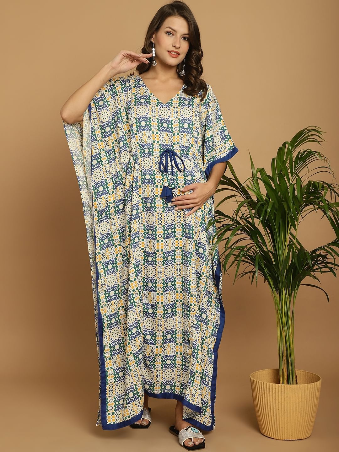 Blue Geometric Print Rayon Maternity Kaftan