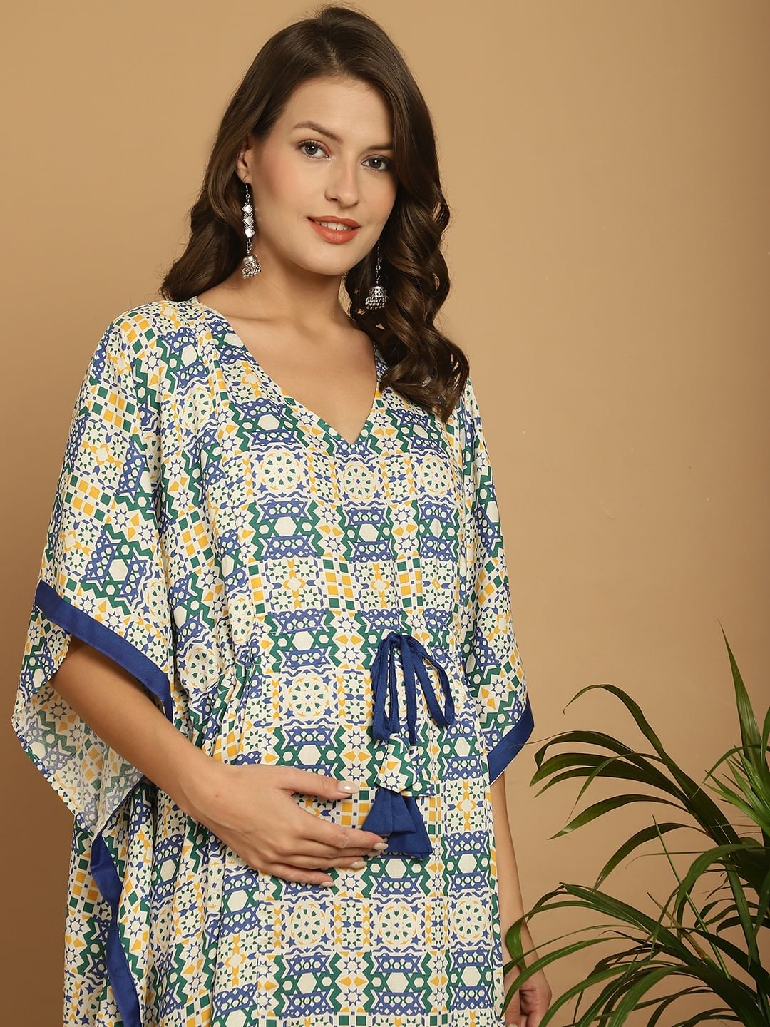 Blue Geometric Print Rayon Maternity Kaftan