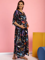 Rayon Abstract Black Maternity Feeding Kaftan
