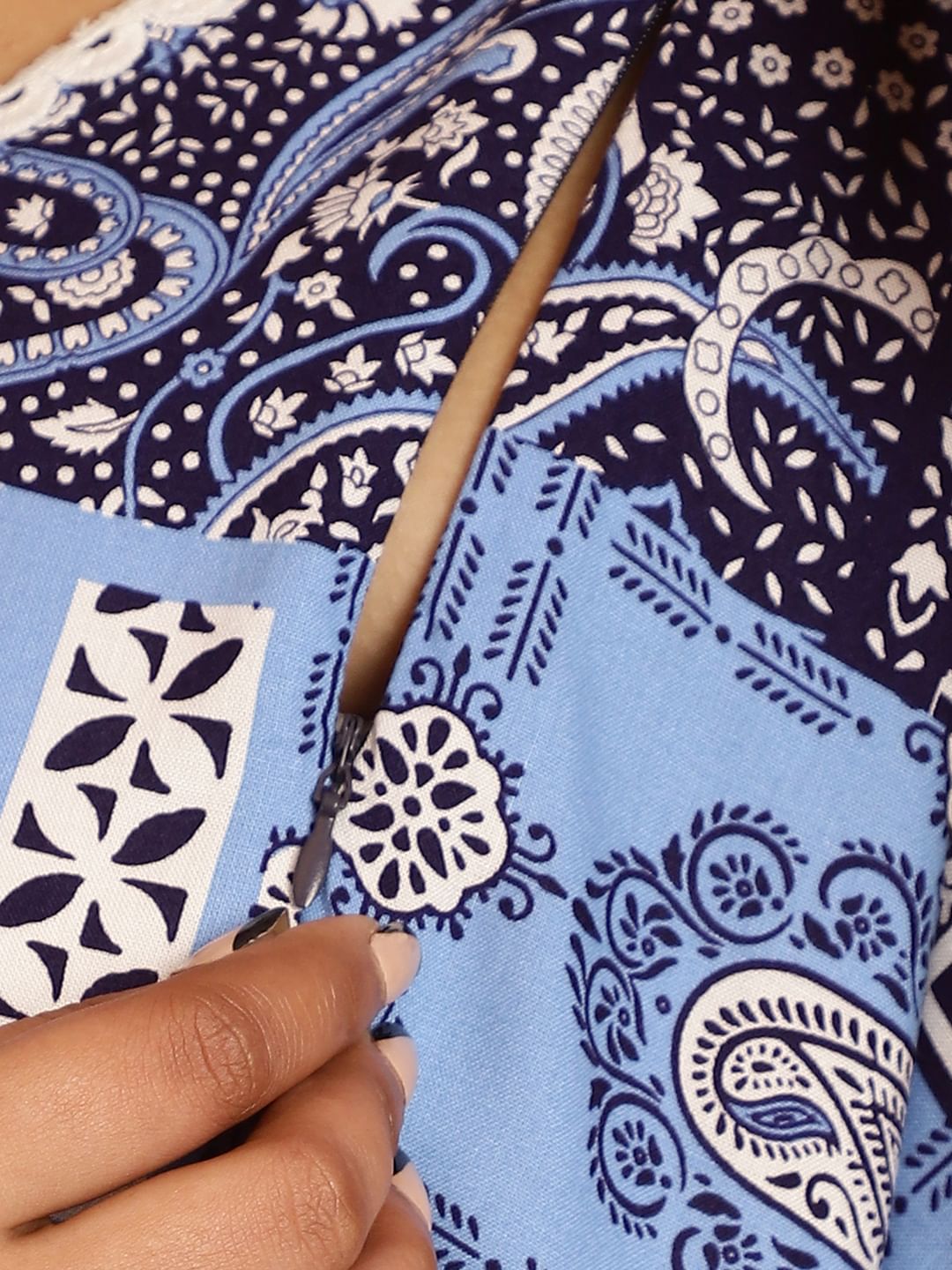 Rayon Geometric Blue Maternity Feeding Kaftan
