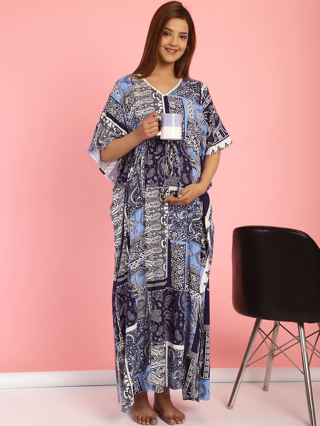 Rayon Geometric Blue Maternity Feeding Kaftan